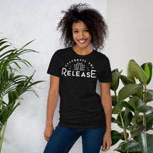 Load image into Gallery viewer, Celebrate The Release Black Tee/ White Logo Bella (non-glitter)